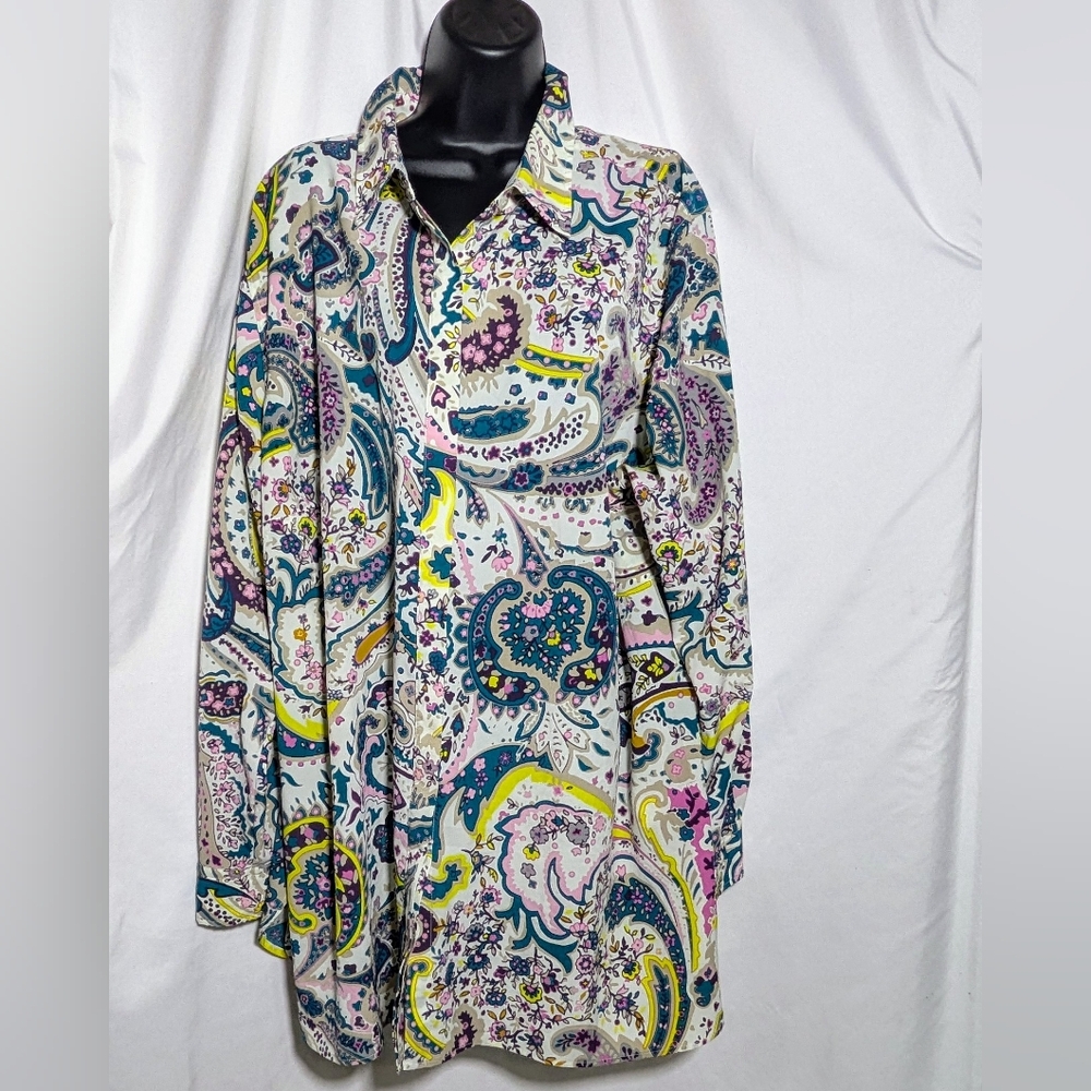 Women's Talbots Watercolor Paisley Button up, Long Sleeve, Tunic Length, 3X